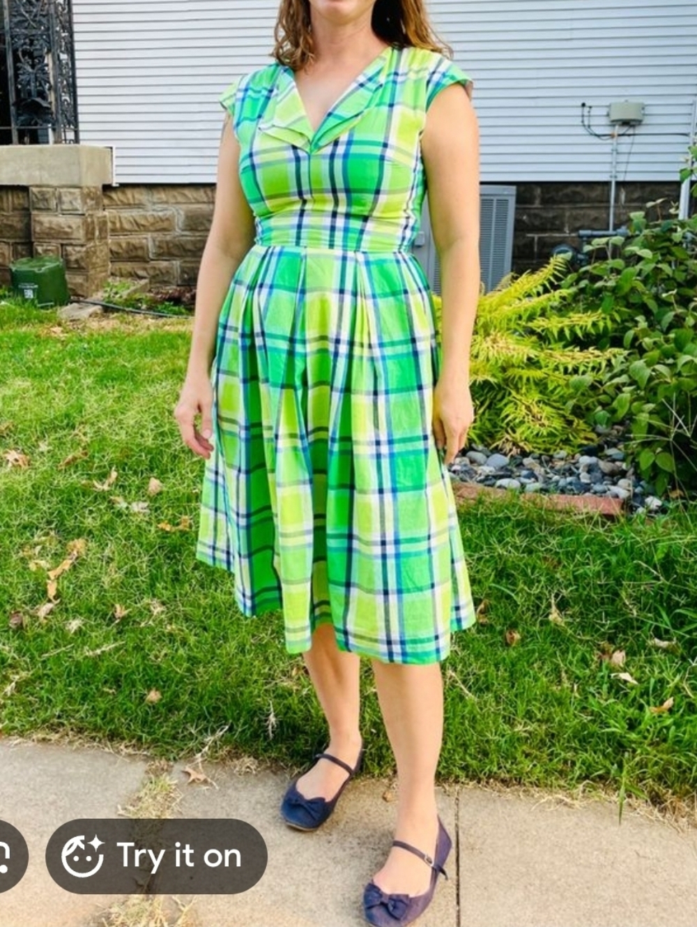 Emily And Fin Green Plaid Fit-and-Flare Dress, Sleeveless V-Neck - Size XXL